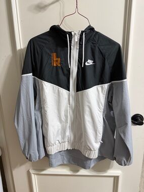Nike Black, White & Light Gray Hooded Colorblock Jacket with Orange Logo